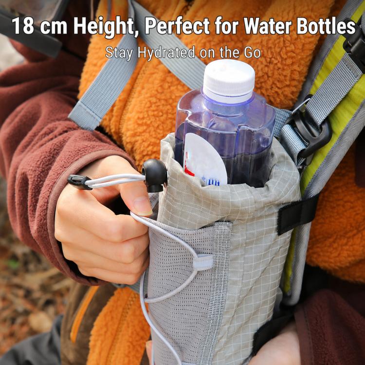 Gray water bottle holder pouch with front mesh pocket and crossbody strap, open top
