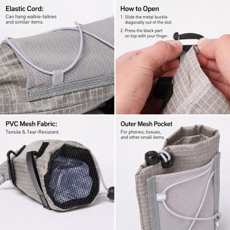Gray water bottle pouch with outer mesh pocket and elastic cord storage closure