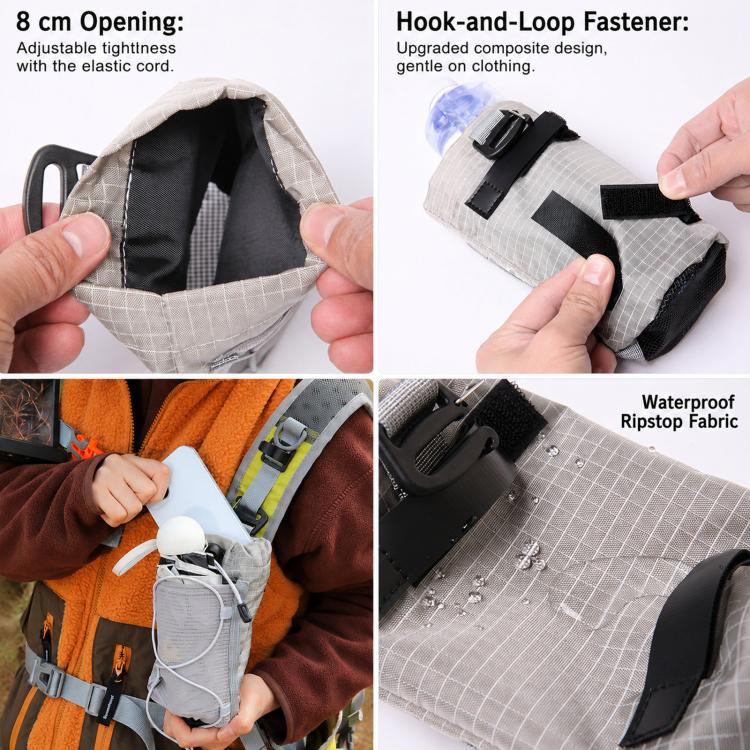 Gray water bottle pouch with hook-and-loop flap and ripstop fabric, adjustable tightness