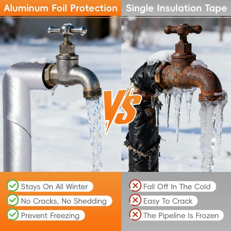 Insulation tape with aluminum foil protection on a wrapped pipe