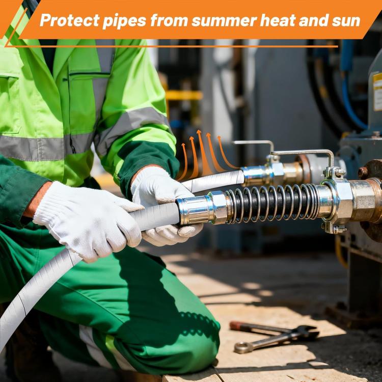Worker applying aluminum foil insulation tape to an outdoor metal pipe