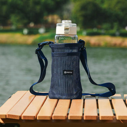 Navy mesh water bottle holder bag with adjustable shoulder strap and front pocket