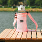 Pink mesh water bottle holder bag with adjustable shoulder strap and front pocket
