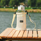 Cream mesh water bottle holder bag with adjustable shoulder strap and front pocket