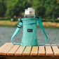 Teal mesh water bottle holder bag with adjustable shoulder strap and front pocket