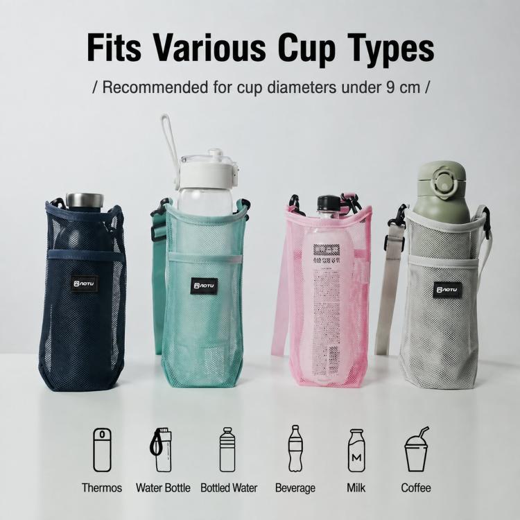 Assorted mesh bottle holder bags shown with different bottle and drink sizes