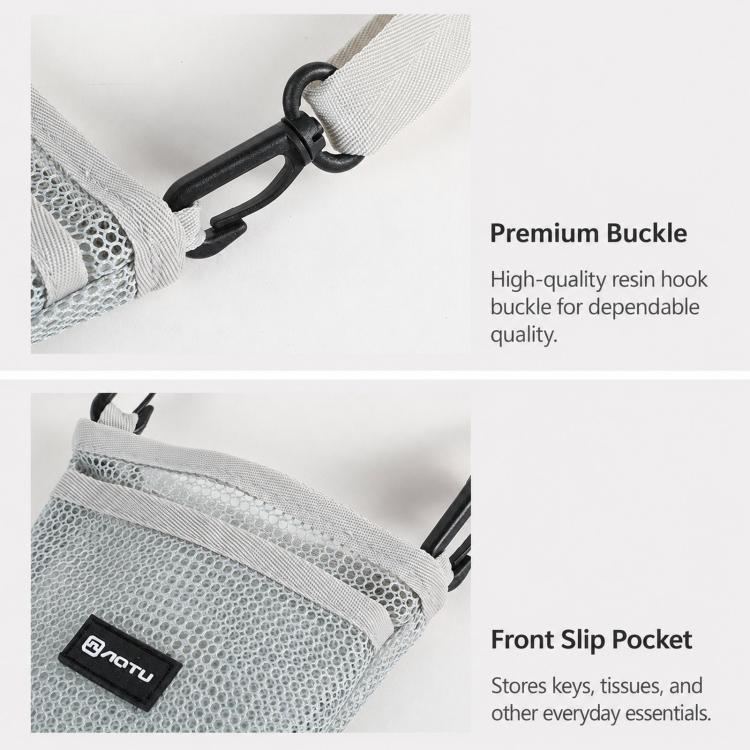 Light gray mesh bottle holder bag with adjustable shoulder strap, black buckle, and top loop
