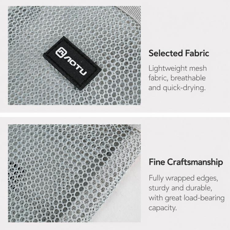 Light gray mesh fabric bottle carrier with black fabric label and stitched edges