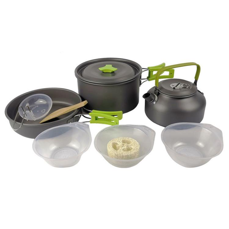 Camping cookware set with gray pots, green accents, and translucent plastic serving bowls