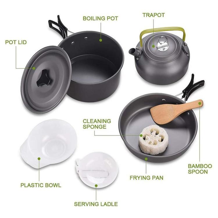 Camping cookware set parts: pot lid, trivet, frying pan, bowls, and serving ladle