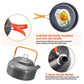 Camping kettle and frying pan with orange handles and non-slip grip design