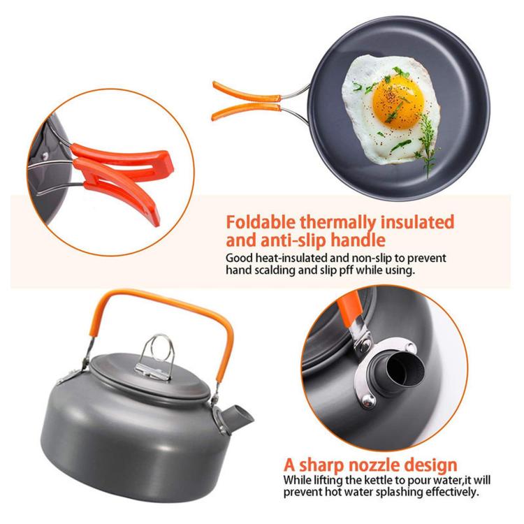 Camping kettle and frying pan with orange handles and non-slip grip design