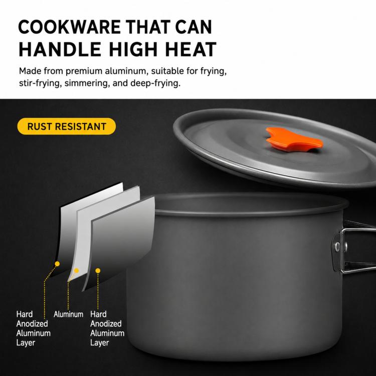 Gray hard anodized camping pot with orange lid handle and rust-resistant design