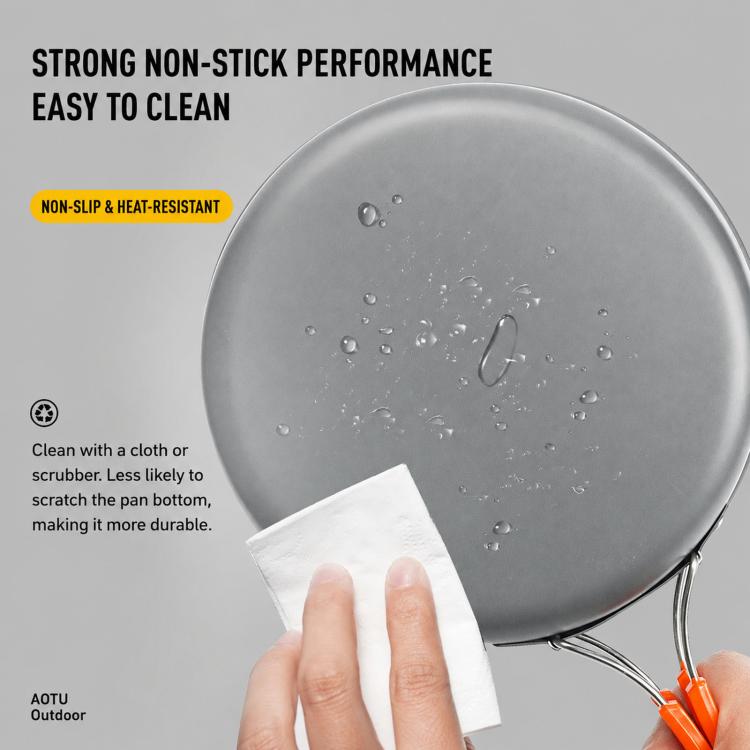 Gray non-stick camping pan lid with water droplets and easy-clean surface