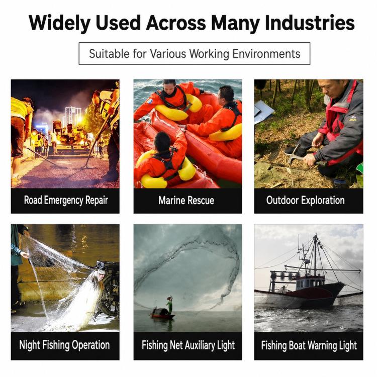 LED net marker light shown across multiple outdoor and marine working scenes