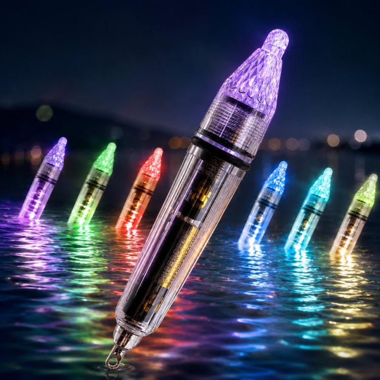 LED fishing light lure with clear housing and purple glowing cone tip