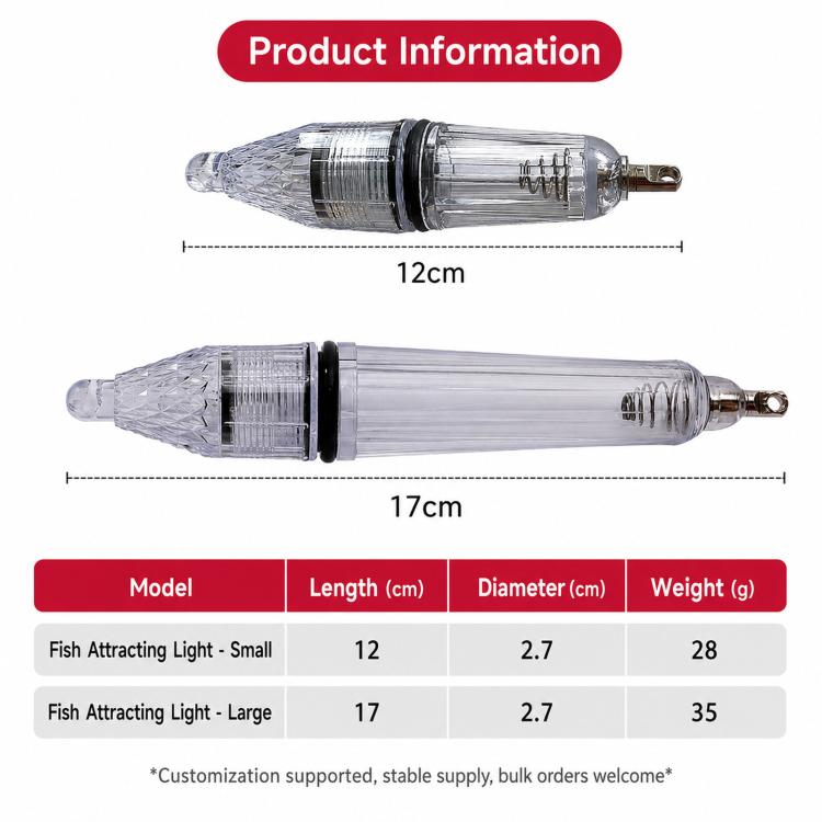 LED fish attractor lure with length markers for 12cm and 17cm versions