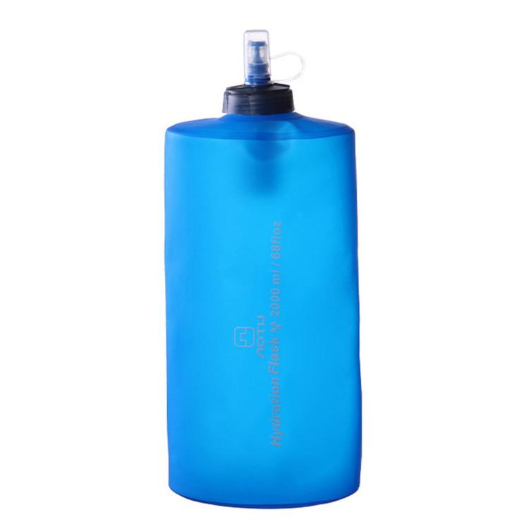 Collapsible blue TPU water bottle with screw cap and loop, 2000 mL marked.