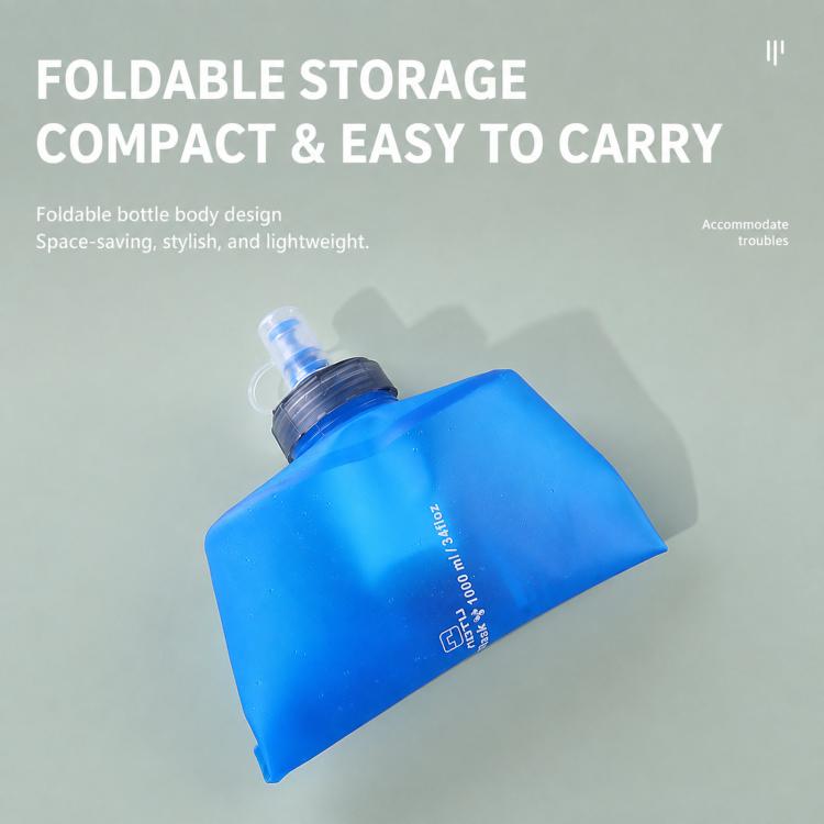 Foldable blue TPU water bottle with screw cap, compact folded shape.