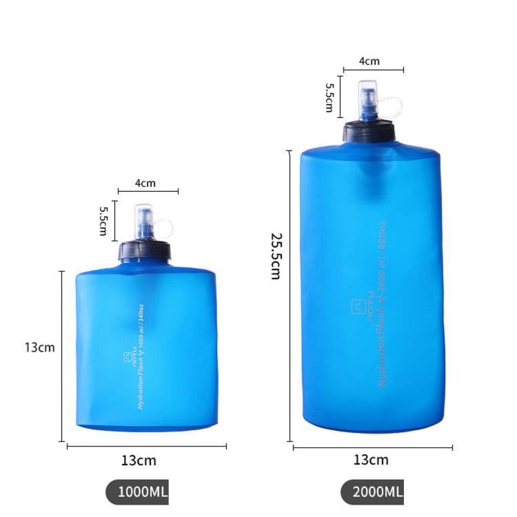 Blue collapsible TPU water bottle size chart: 1000 mL and 2000 mL dimensions.