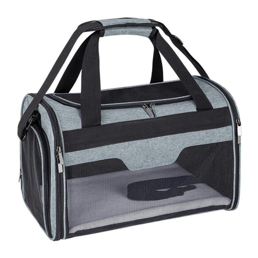 Grey soft-sided pet travel bag with mesh sides, top handle, and zippered front entry.
