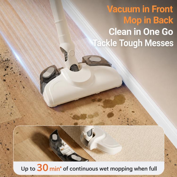 Vacuum-mop with front suction base and rear wet-mopping head on hard floor