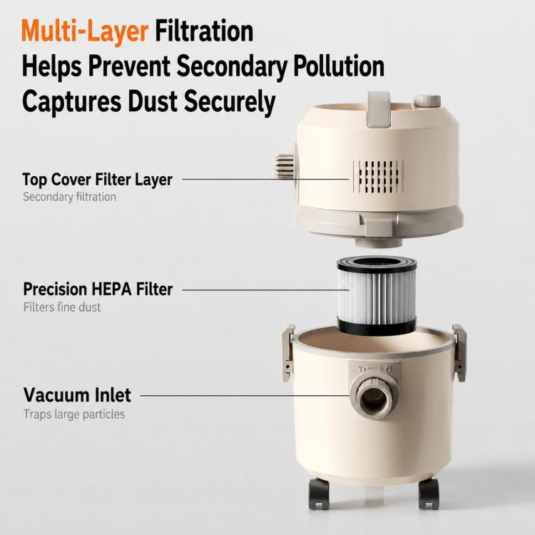 Canister vacuum with mop: removable HEPA filter and inlet on dust bin, beige