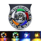 Round LED warning strobe light with clear center lens and colored wedge accents