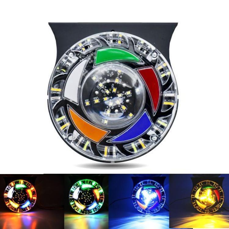 Round LED warning strobe light with clear center lens and multicolor wedge segments