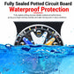 Round LED strobe light with blue-lit LEDs and multicolor wedge segments