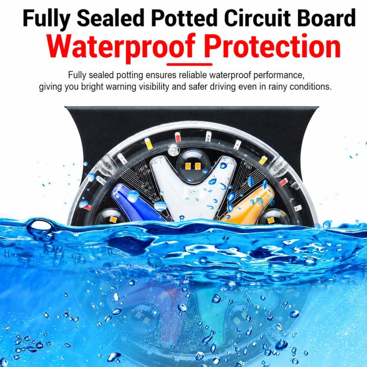Round LED strobe light with blue-lit LEDs and multicolor wedge segments