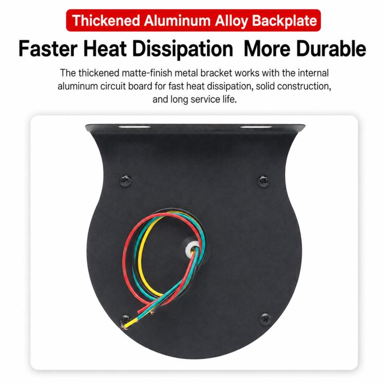 Backplate view of round LED strobe light with multi-color wire leads on black housing