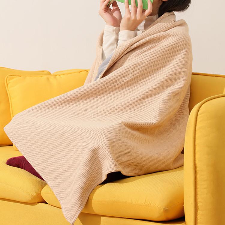 Beige heated shawl wrap blanket poncho with front button and draped sleeves