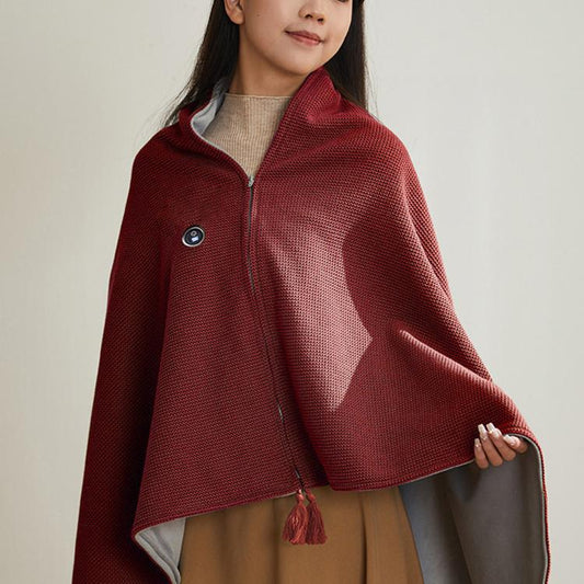 Red heated shawl wrap poncho with front zipper and small round button