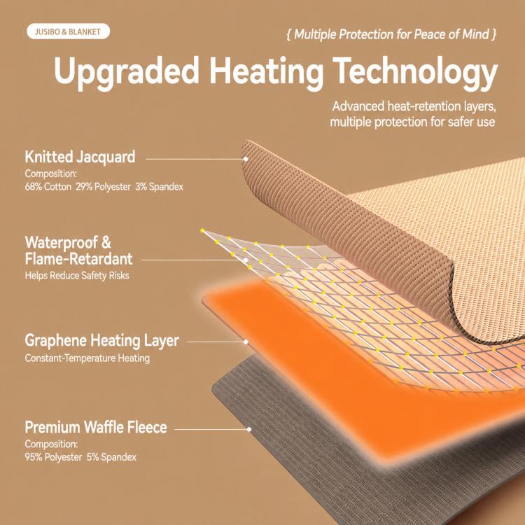 Beige knitted jacquard heated blanket layer with round control button