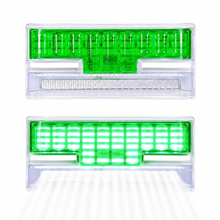 Green LED truck side marker light with clear housing, glowing LED grid and underglow strip