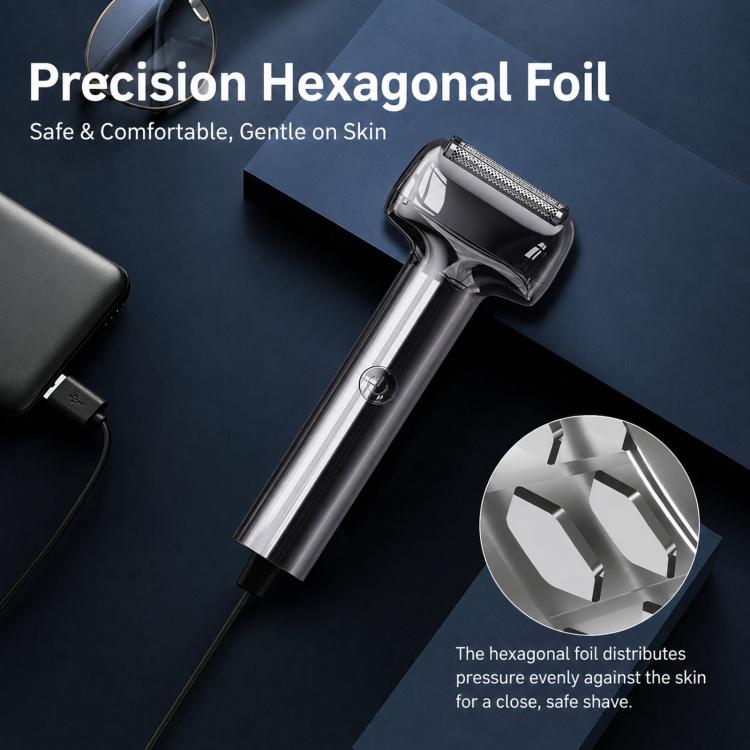 Silver-gray electric foil shaver with hexagonal foil shaving head
