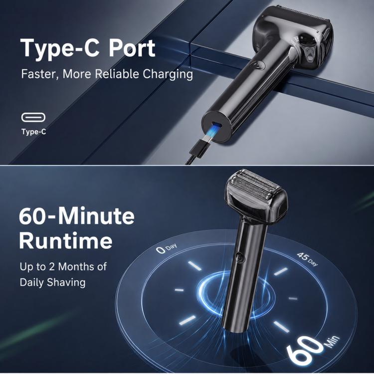 Cordless silver-gray electric foil shaver with Type-C port and blue LED runtime