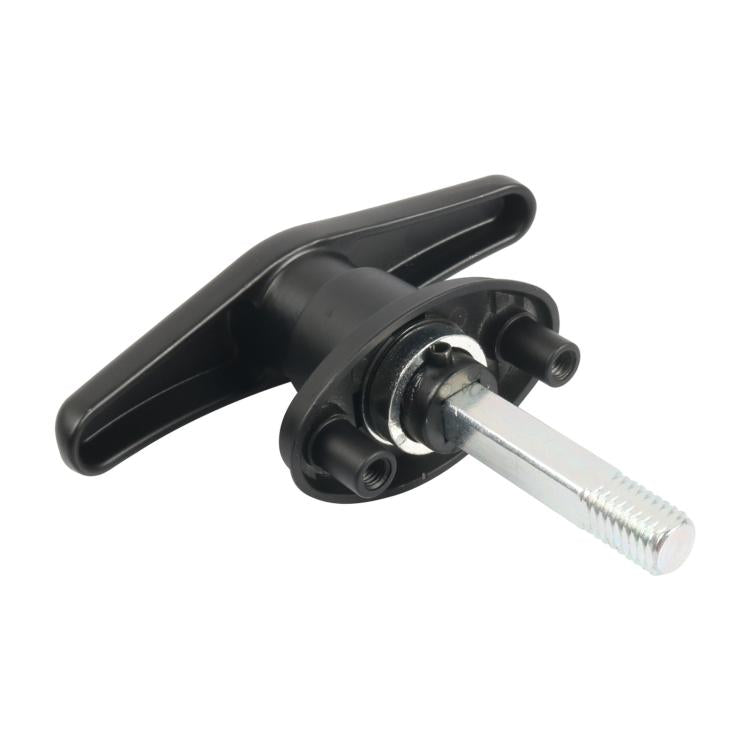 Black T-handle body lock assembly with screw stud and bracket, angled close-up