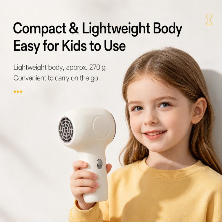 Compact white cordless baby hair dryer with side control button and rounded head