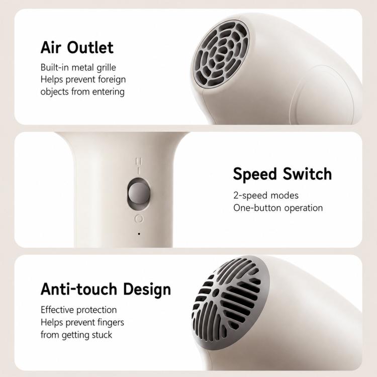 White cordless baby hair dryer close-up: air outlet grille and speed switch