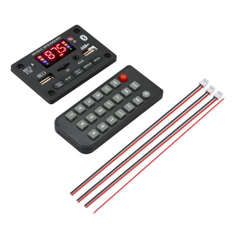 Bluetooth audio decoder board kit with remote and jumper wires, red LED display
