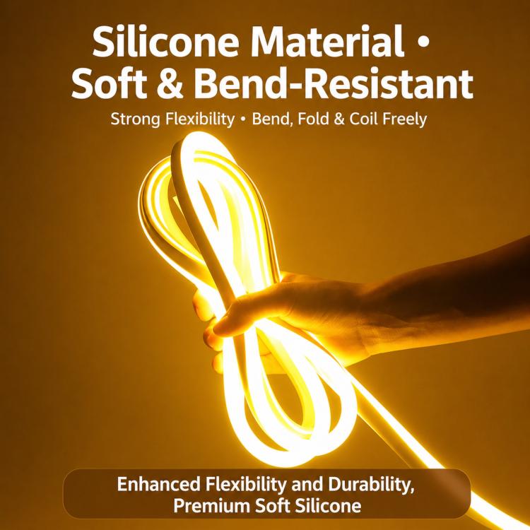 Flexible LED neon rope light strip with glowing bend, warm white soft silicone design