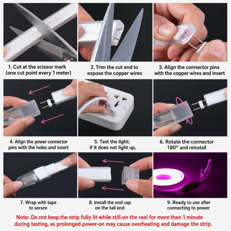 Cuttable waterproof LED neon rope light with connector pins and installation steps