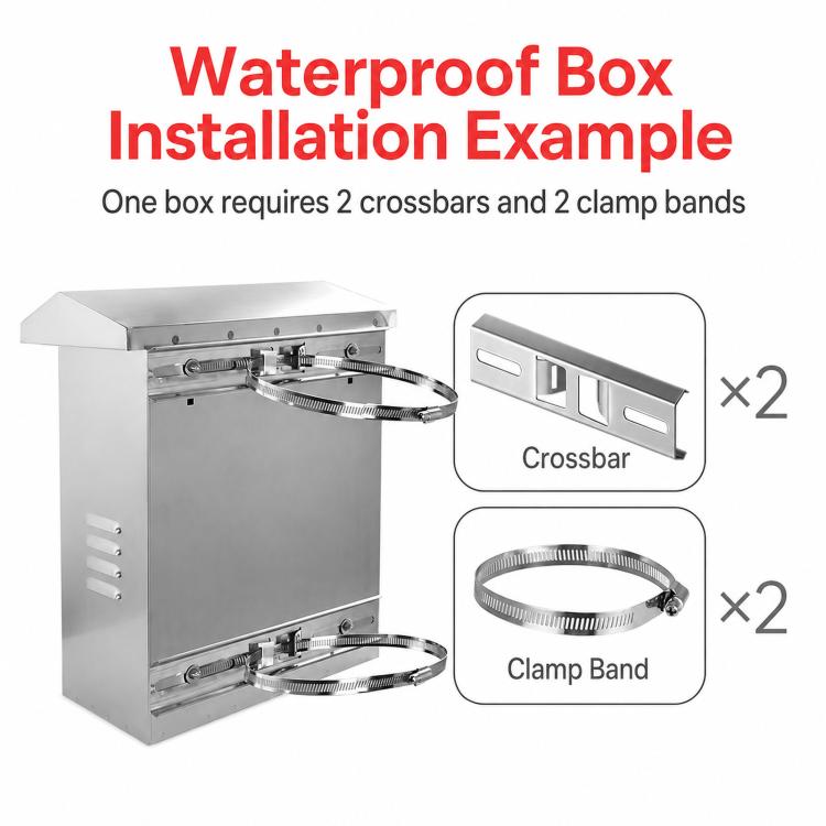 Stainless steel crossbar brackets and clamp bands for waterproof electrical box mounting
