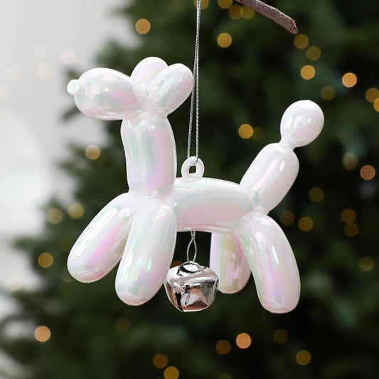 White balloon dog Christmas tree ornament with hanging loop and bell charm