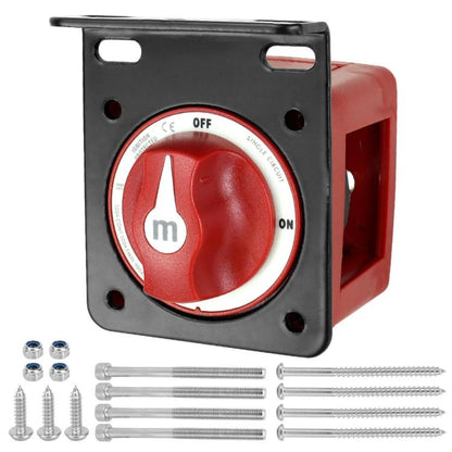 Automotive power disconnect switch with red OFF/ON rotary knob and black mounting bracket