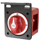 Automotive power disconnect switch with red OFF/ON rotary knob on black front panel