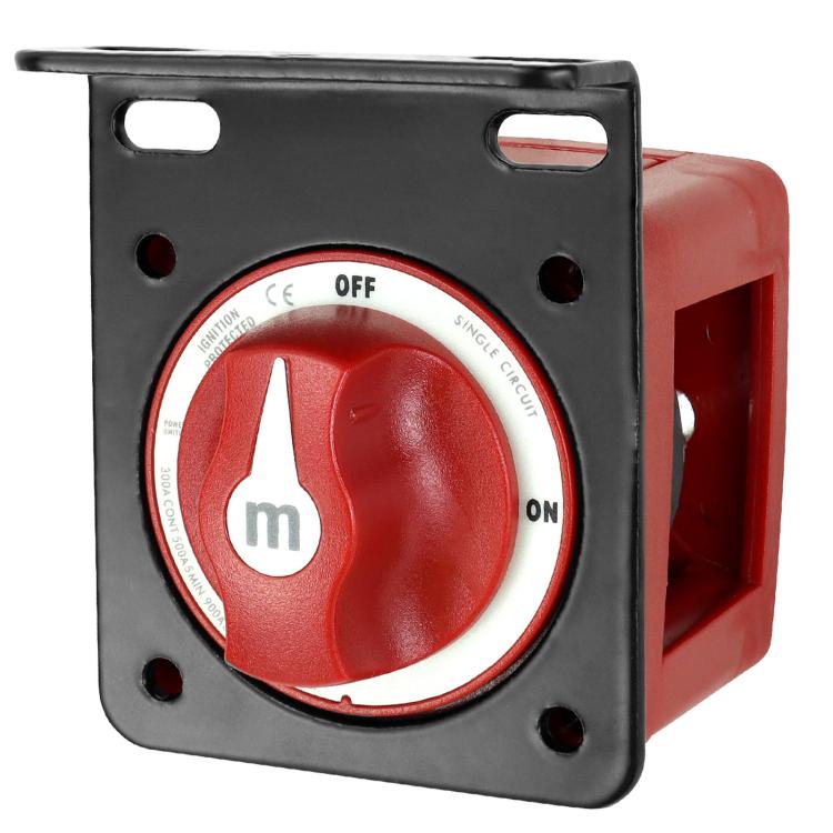 Automotive power disconnect switch with red OFF/ON rotary knob on black front panel