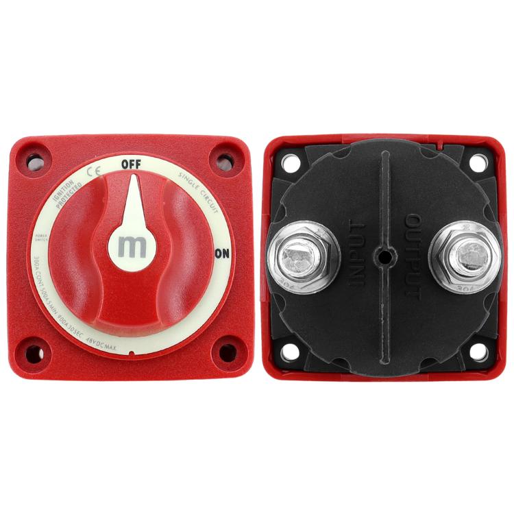 Automotive power disconnect switch with front red knob and rear terminal cover
